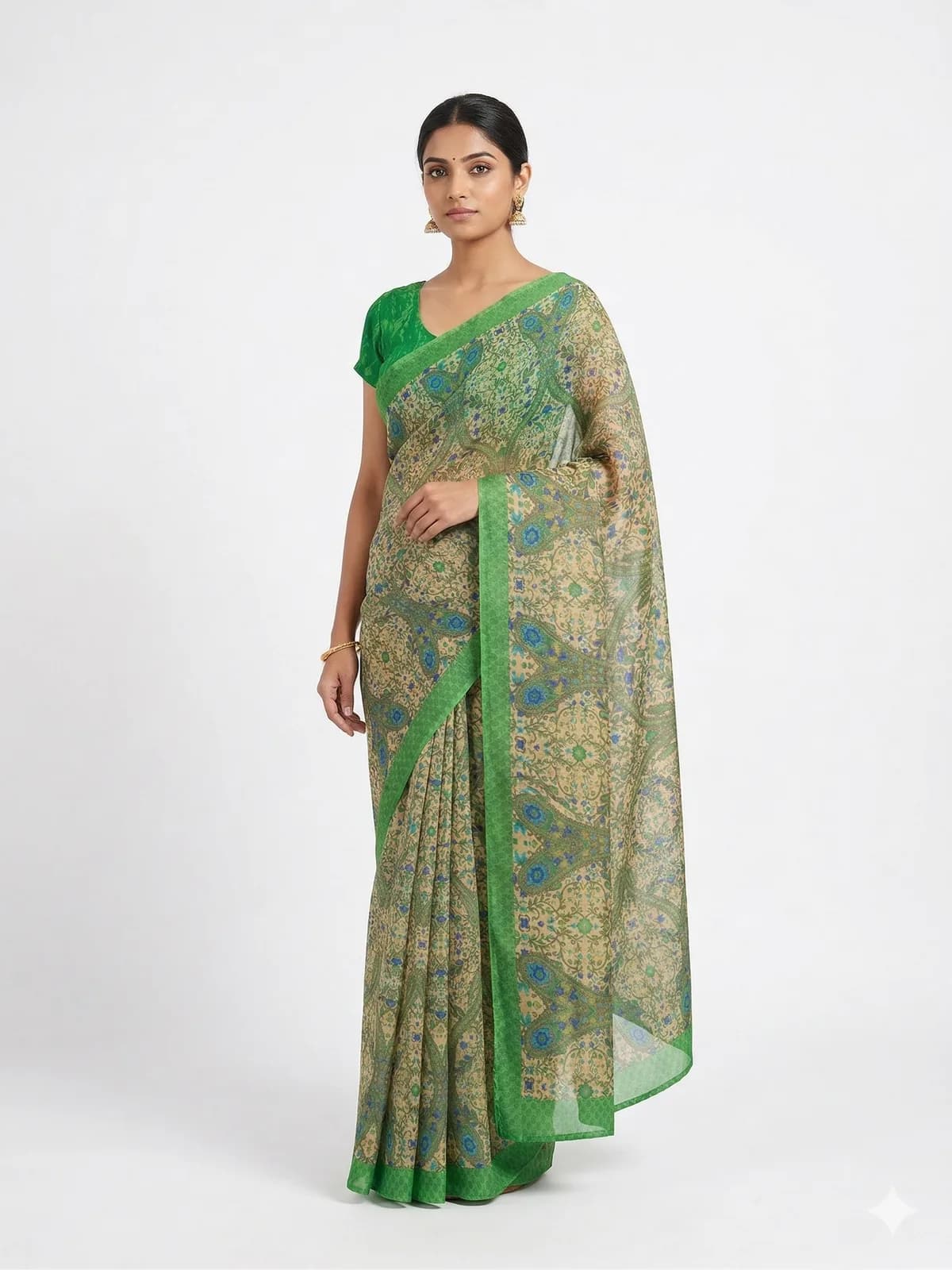 Parrot Green Floral Saree