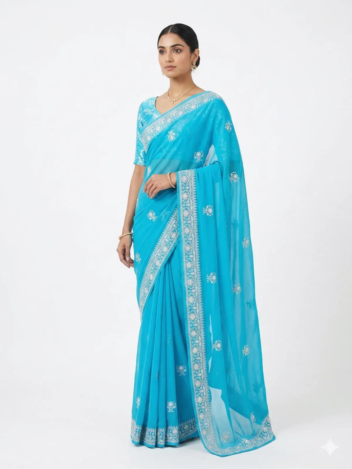 Sky Blue Embroidered Saree