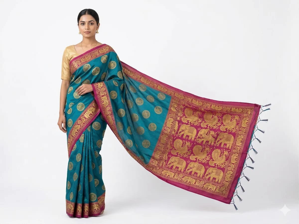 Teal Elephant Motif Saree